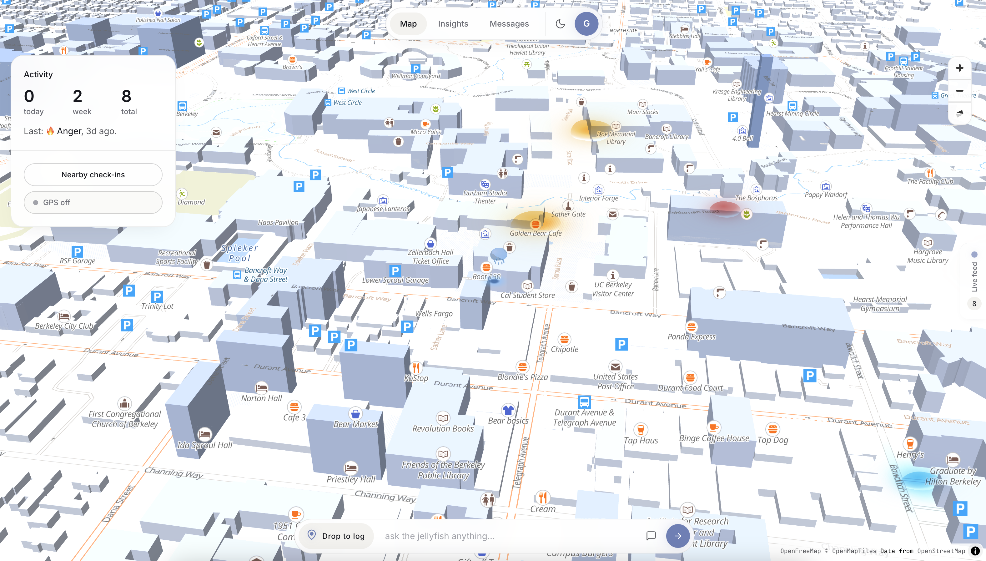 Emotional Landscape map view of Berkeley with activity panel and emotion blooms across campus
