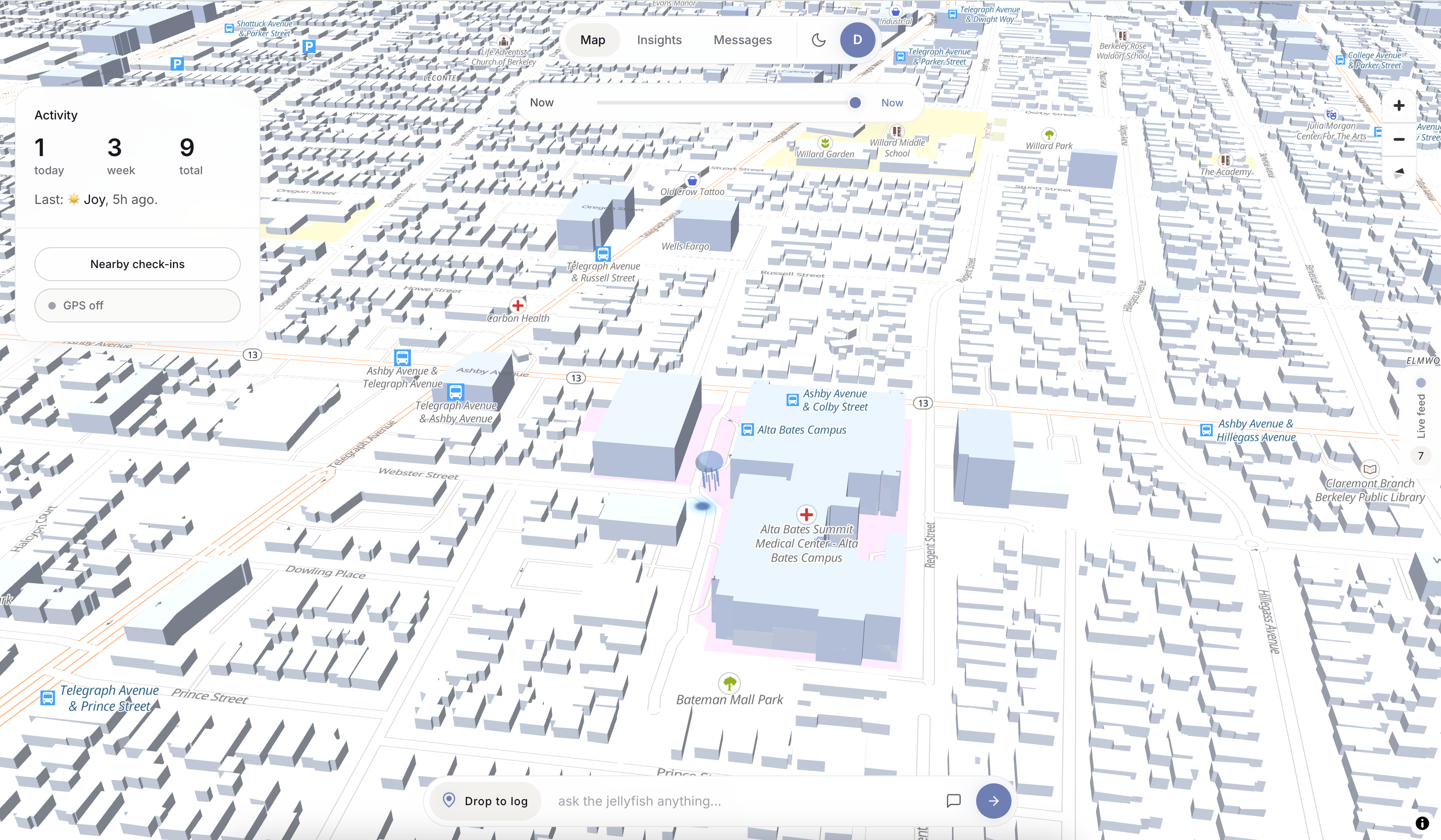 Live map view of Berkeley with 3D buildings, an activity panel showing today/week/total check-ins, a time scrubber, a jellyfish marker on Telegraph, and an 'ask the jellyfish anything' input at the bottom